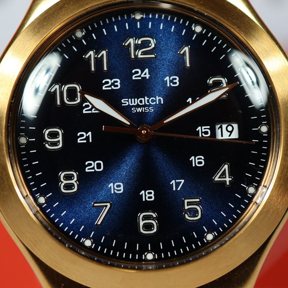Limited Swiss Swatch Made Irony Gold Colored Blue Happy Joe Golden YWG408 41MM - Picture 5 of 10